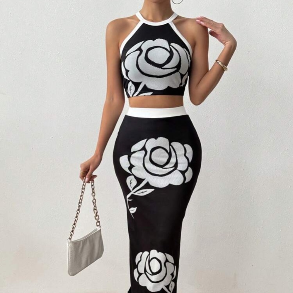 MONOCHROME MAGIC Black + White Rose Crop Top Maxi Skirt Two Piece Set S M L XL